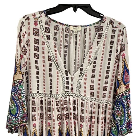 Umgee Womens Boho Peasant Mini Dress L Multicolor  Lightweight GUC - Picture 2 of 6